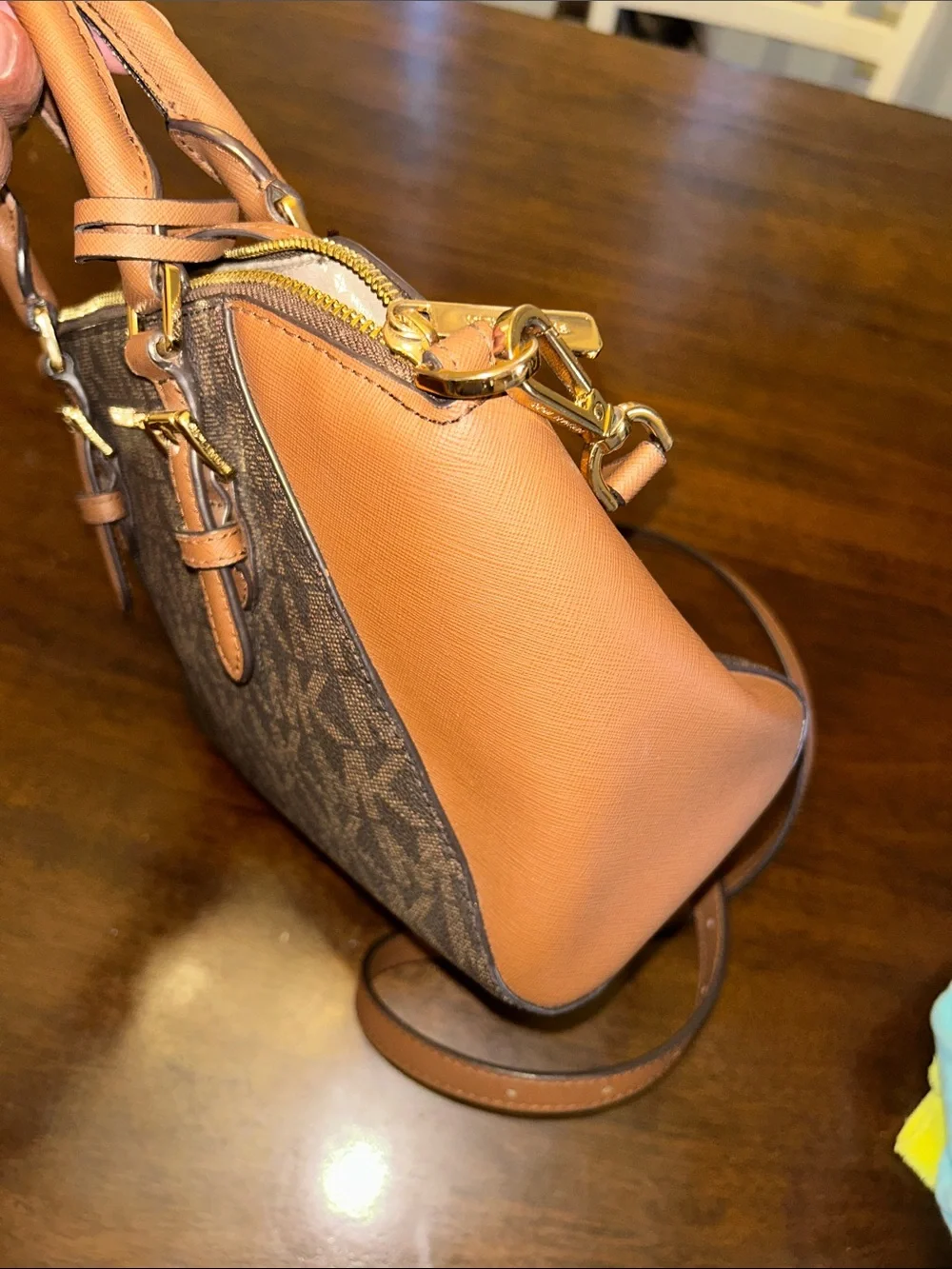 Michael Kors Brown MK Logo Satchel with Tan Accents